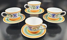 4 Williams Sonoma Floral Breakfast Cups Saucers Set Blue Yellow Coffee Italy Lot