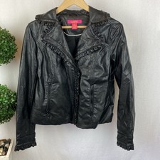 Catherine Malandrino Black Faux Leather Zip Up Ruffle Trim Cropped Jacket M