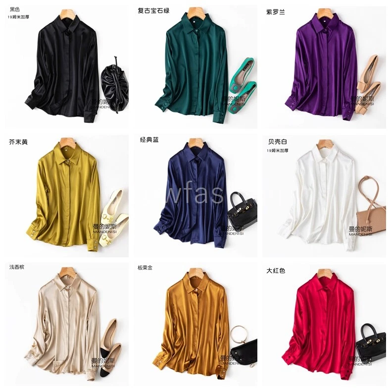 Pure Mulberry Silk Long Sleeve Button Down V Neck Workwear Blouse Top Shirts - Image 4 of 4