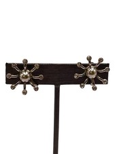 Vintage Clear Rhinestone Starburst Silver Tone Screw Back Earrings MCM READ