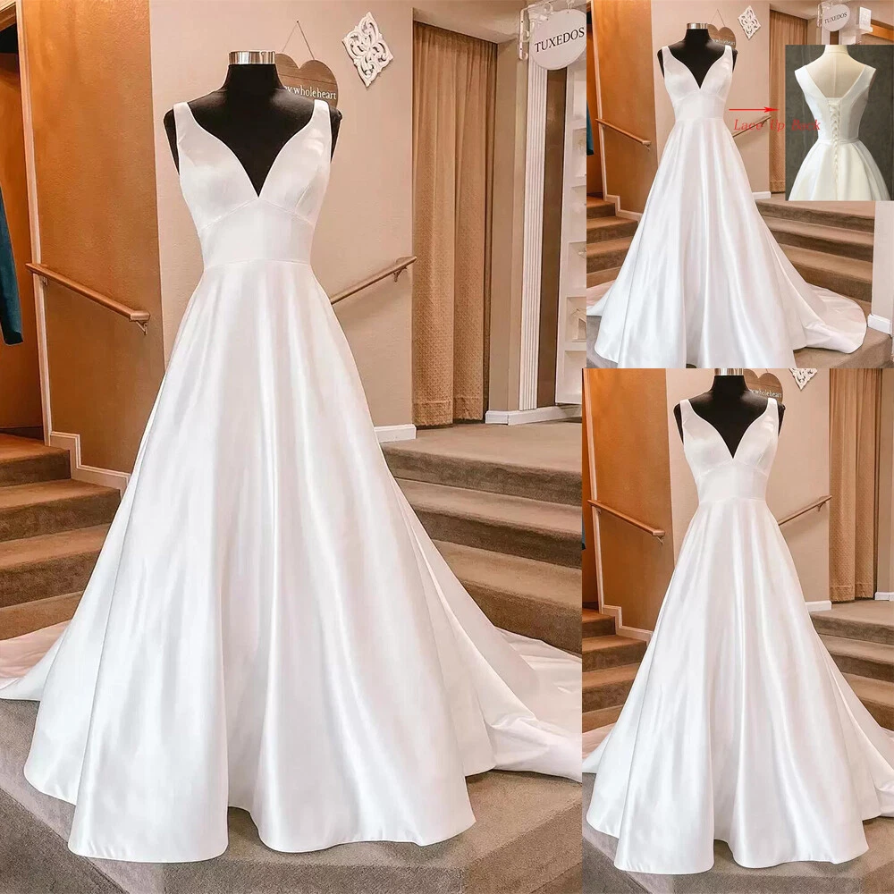 Simple Satin Wedding Dresses White Ivory Long Sleeves Sweep Train Bridal  Gowns | eBay