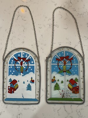 Painted Glass Window Pane Winter Christmas Scenes 2 Piece Lot Sun Catcher