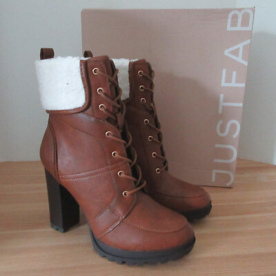 JustFab Shandee Womens Brown Faux Sherpa High Heel Fashion Ankle Boots 