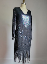 VINTAGE BLACK BEADED SEQUIN COCKTAIL DRESS w/ JAGGED HEMLINE CUFFS