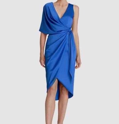 $545 Theia Women's Blue Candace Satin Asymmetric Cocktail Wrap Dress Size 8  | eBay