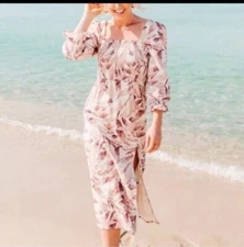 House of Harlow 1960 Linen Smocked Pink Palm Midi Dress Bishop Sleeve Size XS