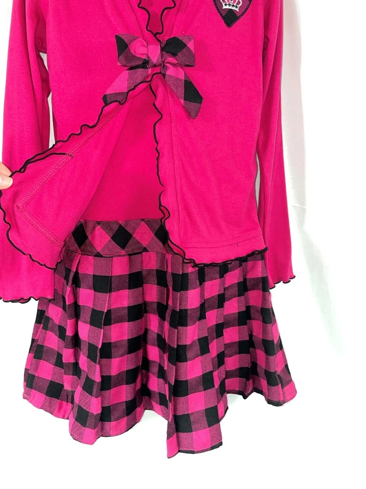 NWT $50 Girl 8 DOLLIE & ME Hot Pink Black Heart Plaid Pleated Skirt Party Dress! - Image 3 of 4