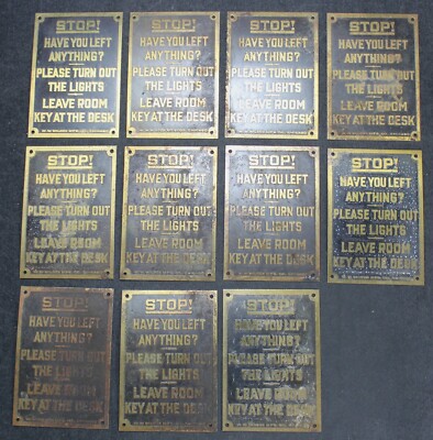 (11) Hotel ''Stop!  Have You Left Anything'' Brass Wall Plate Plaque Sign Lot