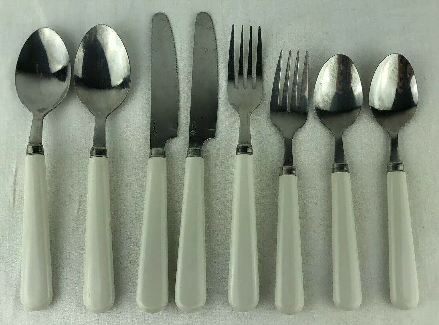 White Plastic Handle Stainless 8 pc Flatware Set Mixed Lot Taiwan Vintage