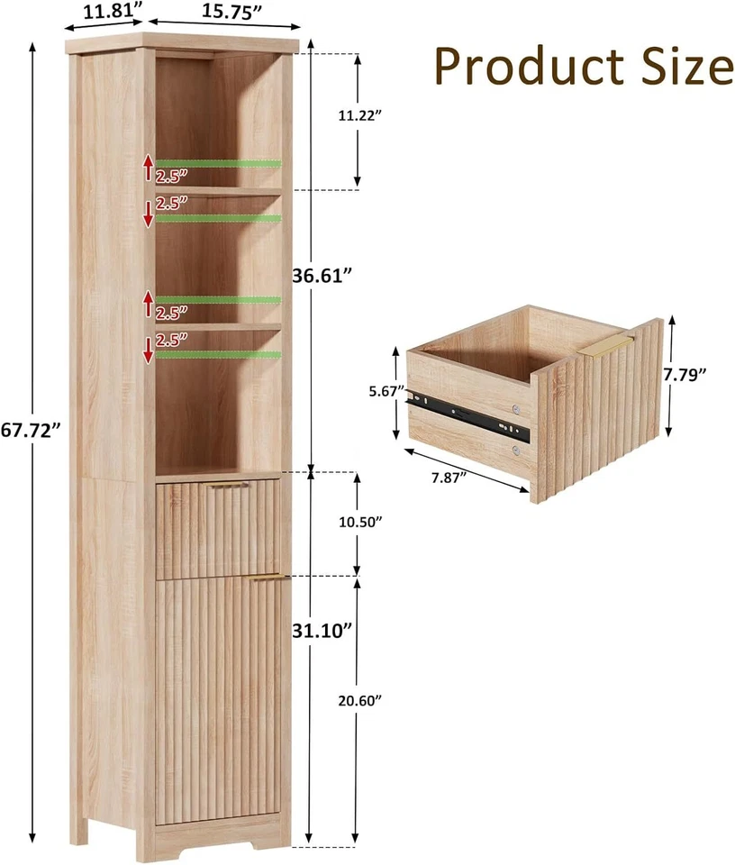 Gabinete de almacenamiento de canal alto delgado de 68 pulgadas, hecho de madera de roble natural!! Foto 3 de 4