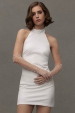 BHLDN Anthropologie White High Neck Bow Back Mini Dress Wedding Bridal, Size L