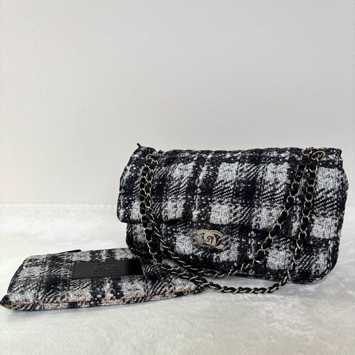 Rare CHANEL Tweed Print Nylon W Chain Shoulder Bag with Pouch