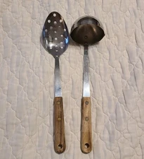 ROBINSON KNIFE CO Stainless Steel Slotted Serving Spoon & Ladle Wood Handle USA