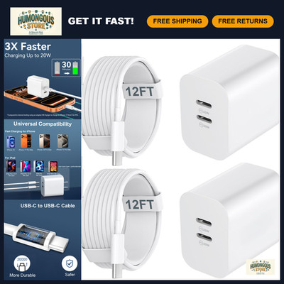 20W USB C Charger Block & 12FT Fast Charging Cable for iPhone & Android Devices