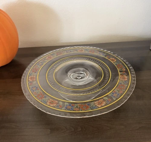 Imperial Glass Ohio 12" Footed Cake Plate Hand Painted Floral Low Profile Stand