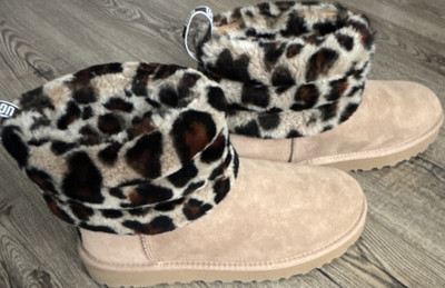 UGG Leopard Print Faux Fur Ankle Suede Winter Boots US 8 Beige Brown