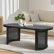 48" Modern Oval Coffee Table with Solid Table Top & Imitation Rattan Legs