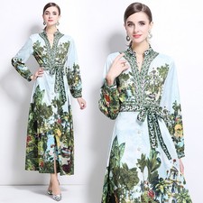 Vintage Floral Baroque Print Collar Belt Long Sleeeve Women Casual Shirt Dresses