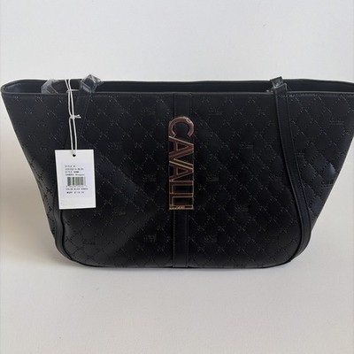 Cavalli Class Sandra Shopper Tote Bag Black Debossed NWT City Classic Travel