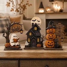 Vintage Halloween Wooden Blocks Ghost Pumpkin Black Cat Indoor Shelf Decor