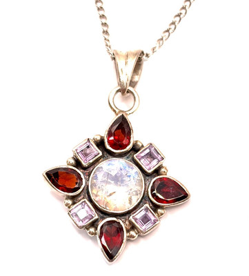 Sterling Silber Mondstein Amethyst & Granat Anhänger Halskette