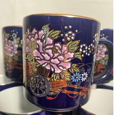 VTG Heritage Mint Cobalt Blue Cups Lot of 8 Flower Cart Hand Painted 1970s Japan