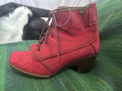 El Naturalista Red Leather Ankle Boots EU 38 UK 5 Lace Up Block Heel Comfort - Image 1 of 4