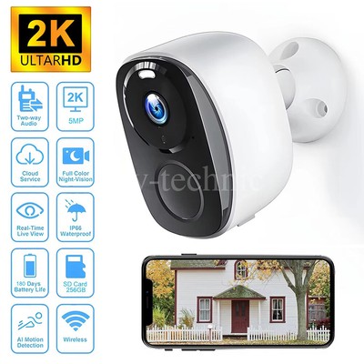 5MP 2K Wireless WIFI Outdoor Home CCTV Security Camera Battery Solar Powered Cam