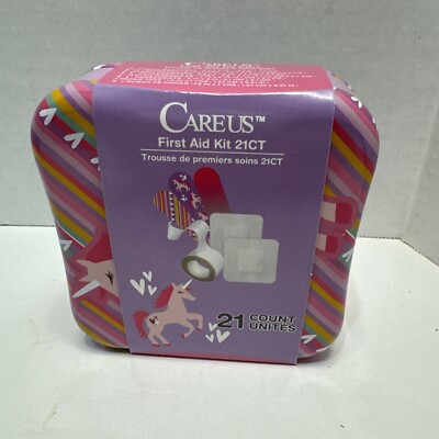 Careus First Aid Kit Metal Tin 21 Count Unicorns New