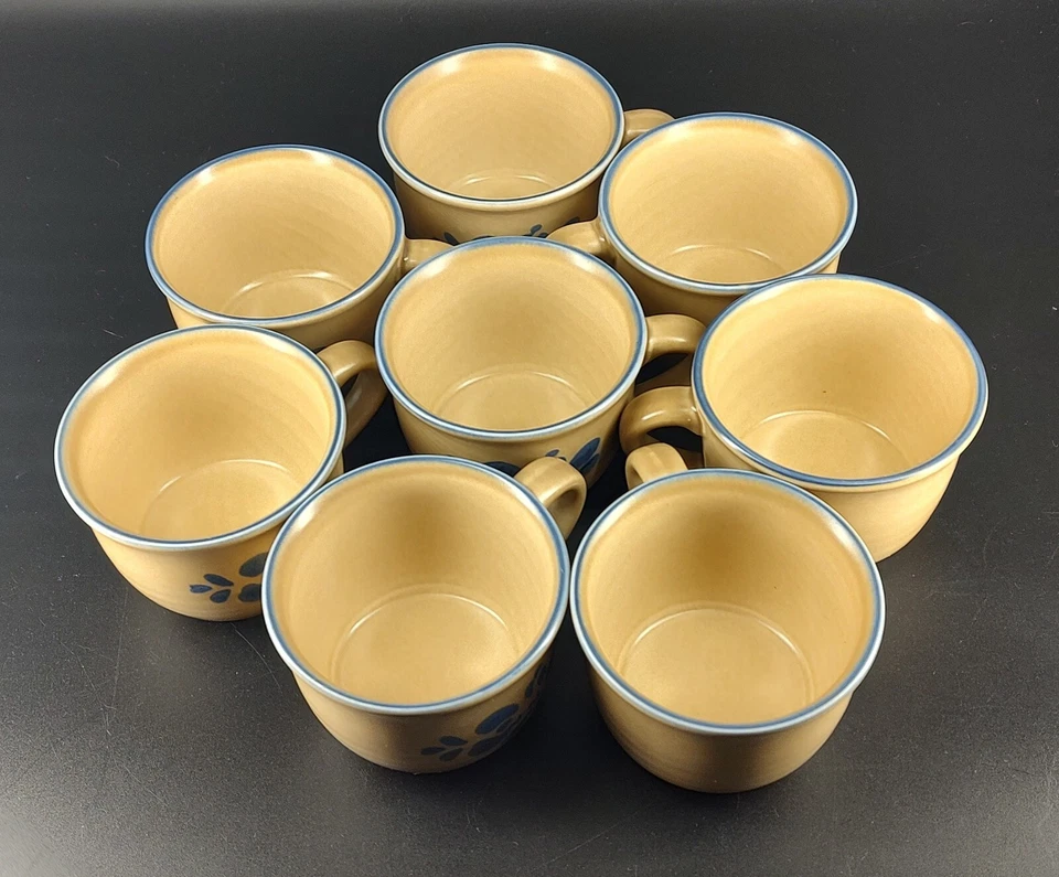 Conjunto de 8 xícaras planas Pfaltzgraff FOLK ART 100 azul floral bronzeado estampa de castelo rústico - Imagem 2 de 4