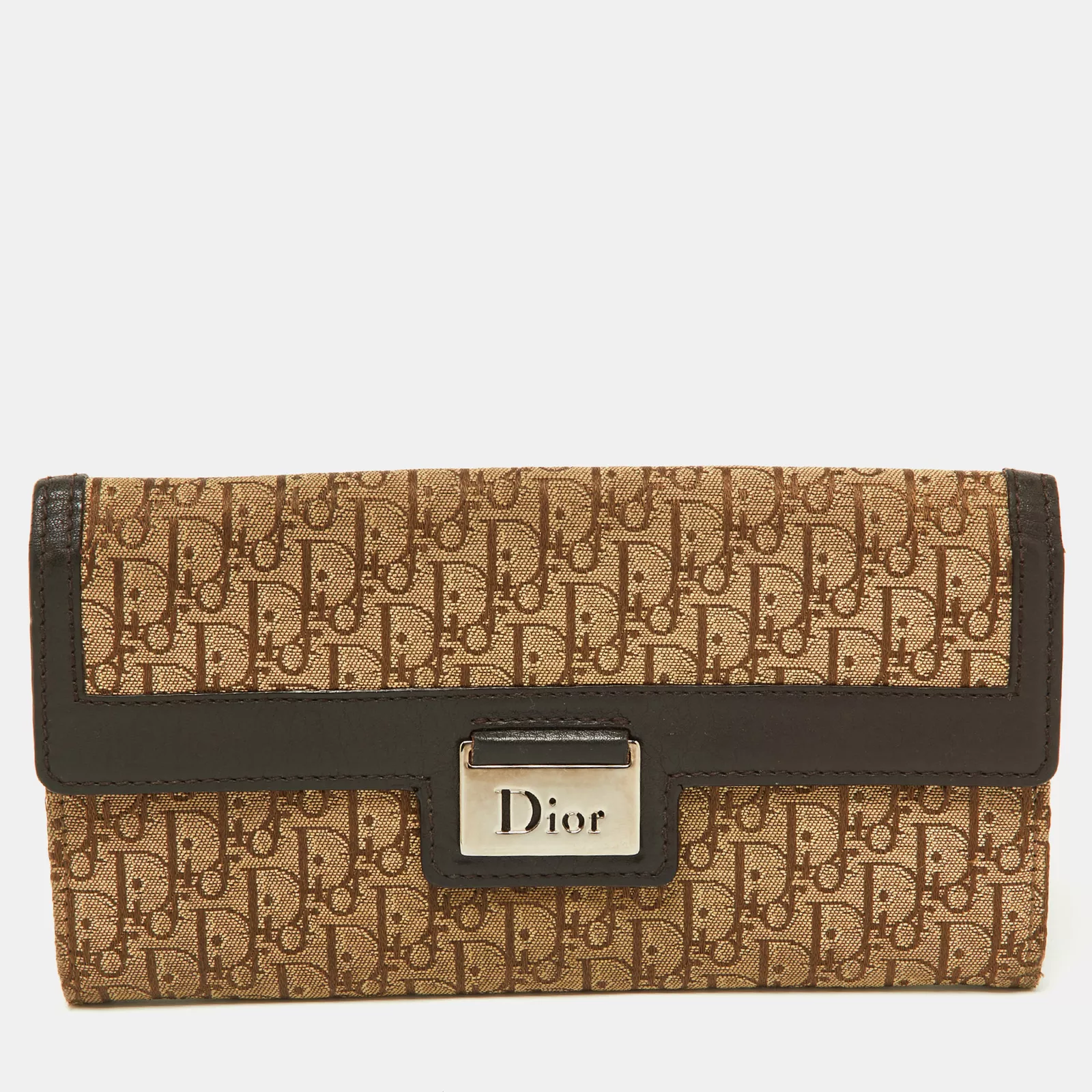 Portefeuille continental rabat oblique Dior beige/marron toile et cuir