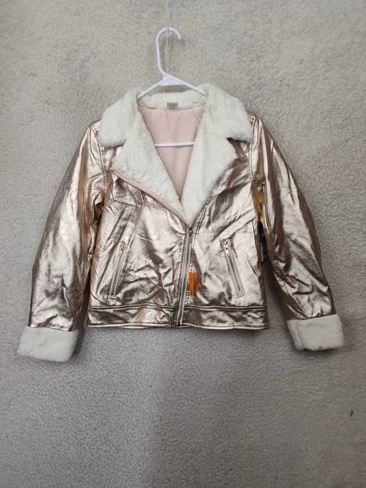 Arizona Jean Co Girls Jacket Extra Large Metallic Rose Faux Fur Faux Leather Zip - Image 2 of 4