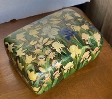 Floral Hand Painted Lidded Indian Box From Kashmir  India 4”x6” + Vtg Contents!