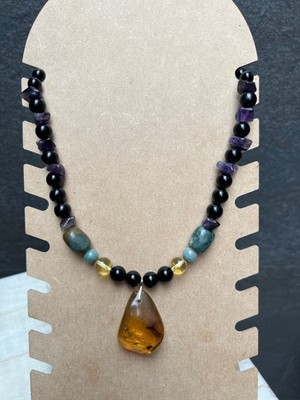 Collar de Ambar Mexico con Insecto Jade Azul Agata Negra y Amatista