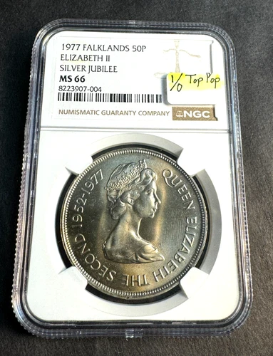 (1977) Falkland Islands 50 Pence, QEII Silver Jubilee, NGC MS-66 * TOP POP 1/0 *