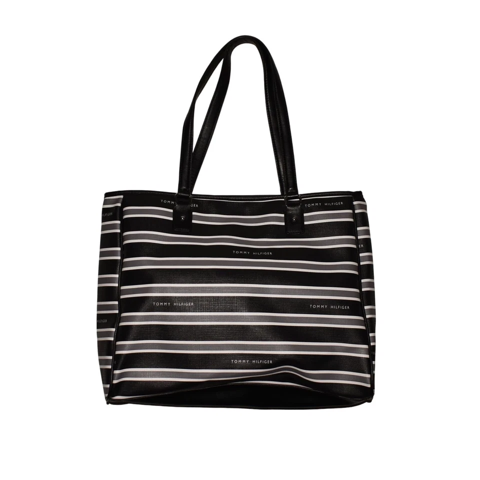 TOMMY HILFIGER NEW $118 Textured Black White Striped Large Tote 12" X 18" - Image 2 of 4