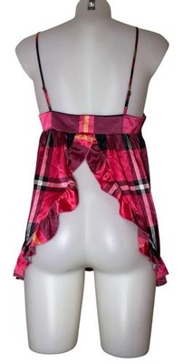 Vtg Victoria s Secret Sz S Womens Pink Plaid Babydoll Satin Kawaii Slip Dress