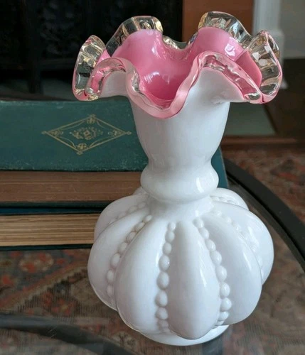 Fenton Glass Vase Milk White Pink Overlay Melon Shape Ruffle Top Mid Century Art