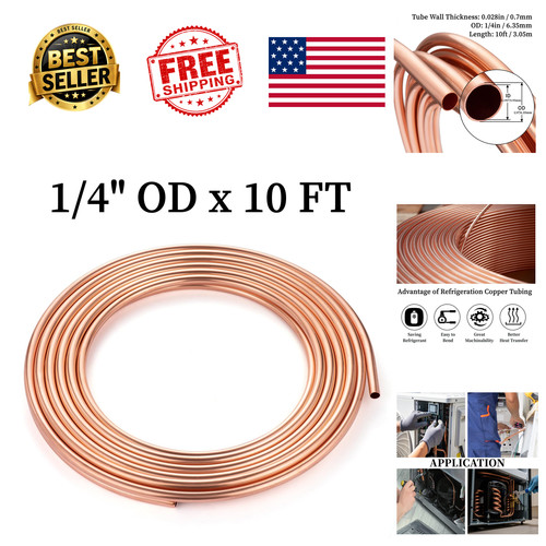 Copper Tubing 1/4 Inch OD 0.195 ID 10 Ft Soft Coil Refrigeration Tube ASTM B280