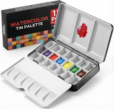 Small Empty Watercolor Palette Tin with Lid - Includes 20 Half Pans, 4 Fold-Out