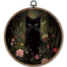 Moody Black Cat Round Wall Art Decor Framed 10x10, Gothic Floral Flower Canva...