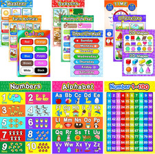 ABC Learning Posters for Kids, 12 Pcs, 16x11 in, Alphabet Numbers Colors