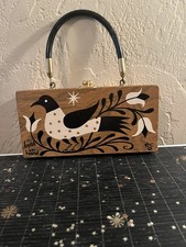 Vintage Enid Collins Wood Box Bag Bird in Hand  Black  White Collection 