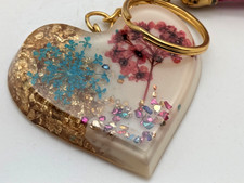 Glittery Flower Heart Resin Keychain  Tassel