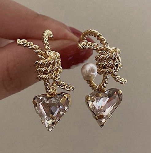 Anthropologie Earrings Heart Hoop Pearl Knot Charm Boho Textured Clear CZ Core