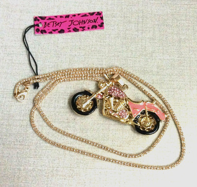 Betsey Johnson Gold & Pink Crystal Motorcycle Pendant on Gold Chain Necklace New
