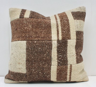 Decorative Turkish Patchwork Kilim Pillow Cover 16x16 Beige & Brown Kilim Pillow