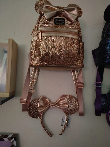 Loungefly Disney Minnie Mouse Sequin Backpack Rose Gold w/ matching Minnie Ears 