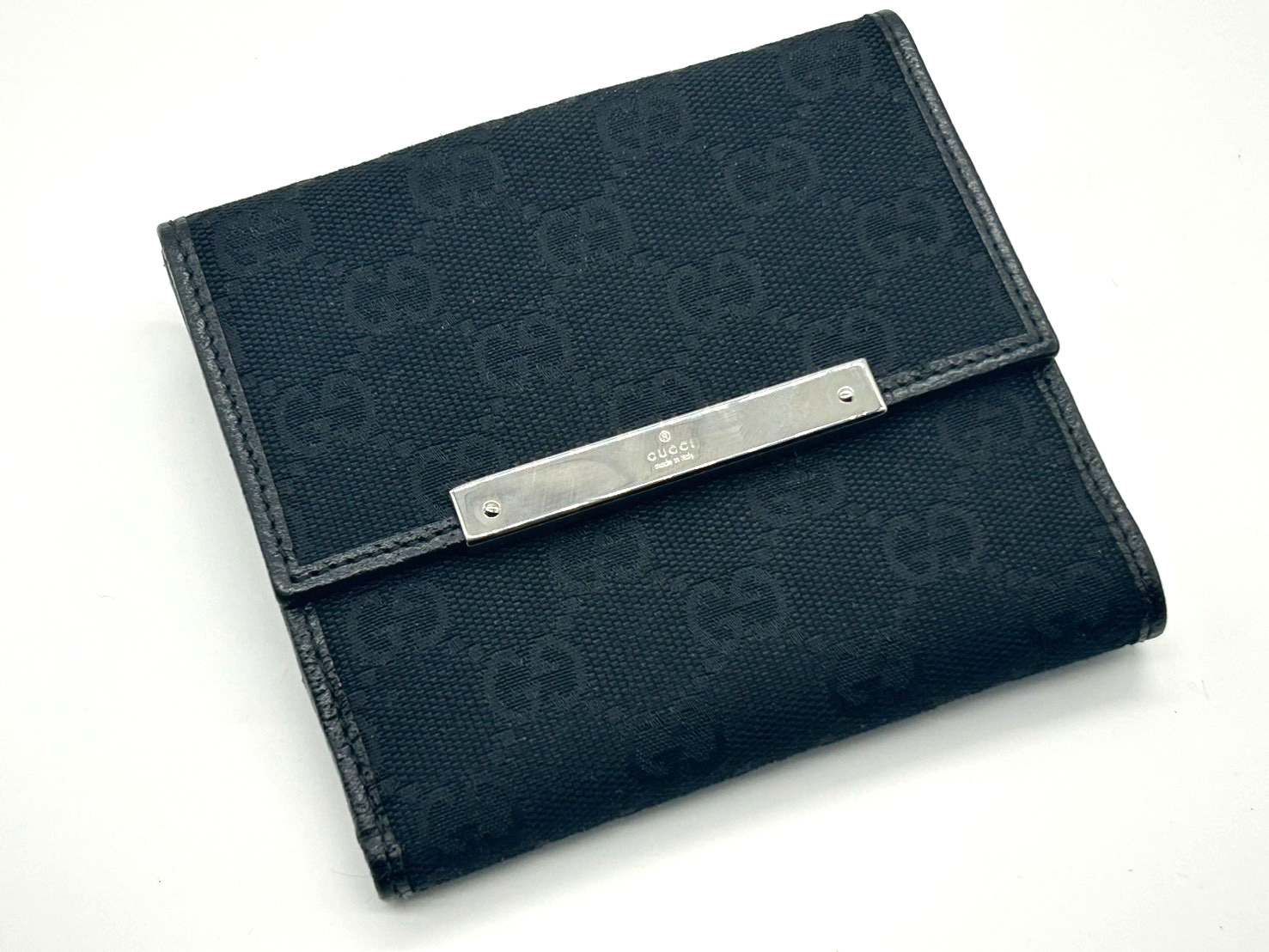 Gucci GG Canvas Wallet Black Leather Logo Plate Bifold Vintage Authentic