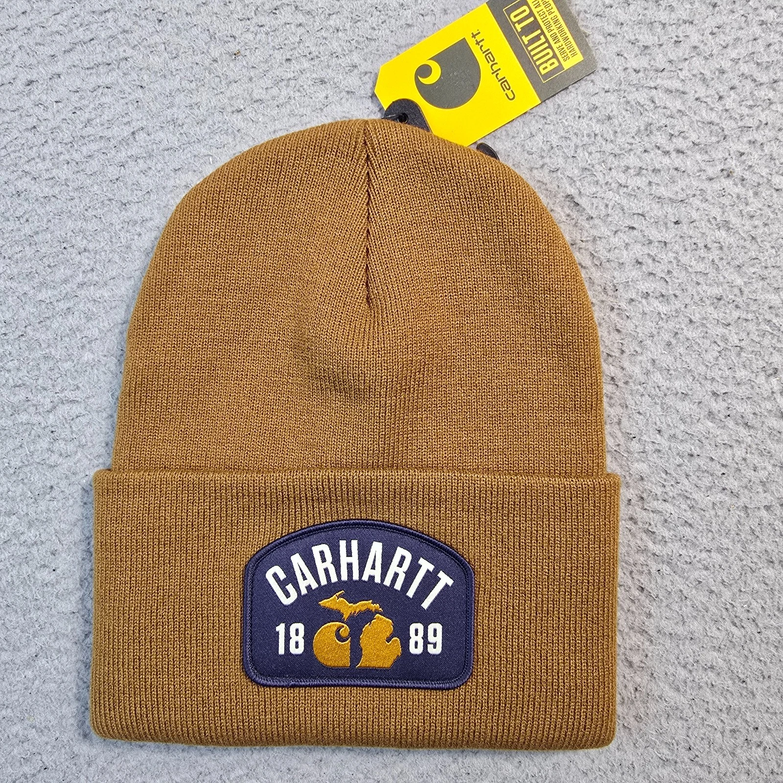 Carhartt Michigan 1889 Beanie Hat Cap Brown Mens Outdoors Work Knit Patch NWT B